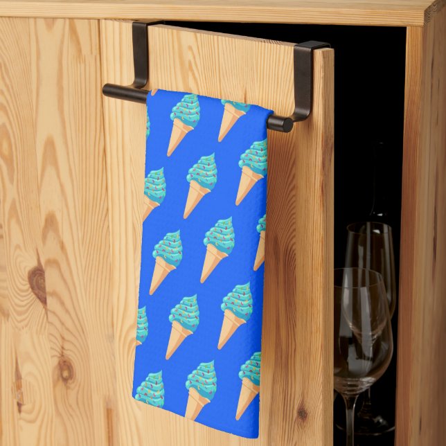 Blue Ice Creams Pattern on Blue Kitchen Towel (Thirds Fold)