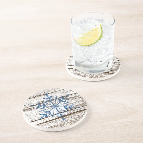 Blue Ice Crystal on Faux Weathered Wood Texture Coaster