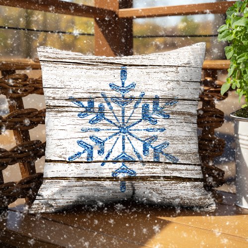 Blue Ice Crystal on Faux Weathered Wood Texture Outdoor Pillow