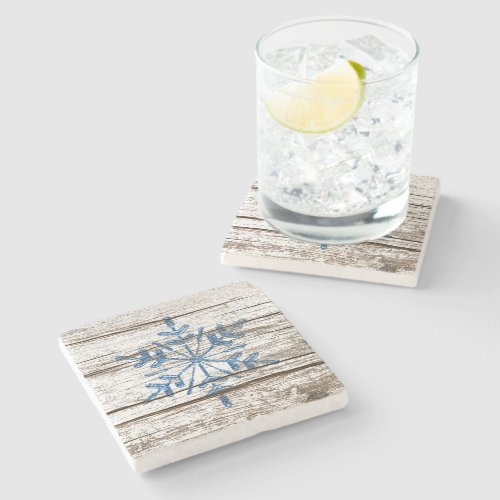 Blue Ice Crystal on Faux Weathered Wood Texture Stone Coaster