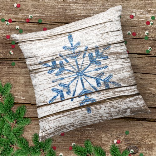 Blue Ice Crystal on Faux Weathered Wood Texture Throw Pillow