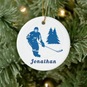 Blue Ice Hockey Player Custom Name Winter Sport  Ceramic Ornament