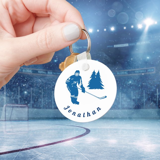 Blue Ice Hockey Player Custom Name Winter Sport   Keychain (Creator Uploaded)