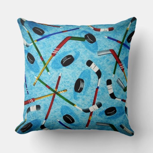 Blue Ice Hockey Theme Throw Pillow