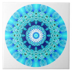 Blue Ice Lace Mandala, Abstract Aqua Ceramic Tile
