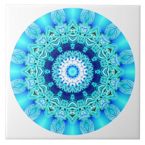 Blue Ice Lace Mandala, Abstract Aqua Ceramic Tile