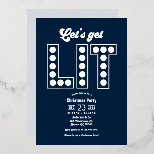 Blue Ice Let's Get Lit Retro Christmas Party Foil Invitation (Front/Back)