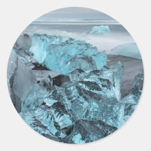 Blue ice on beach seascape Iceland Classic Round Sticker