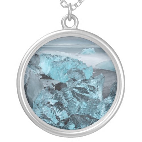 Blue ice on beach seascape Iceland Silver Plated Necklace