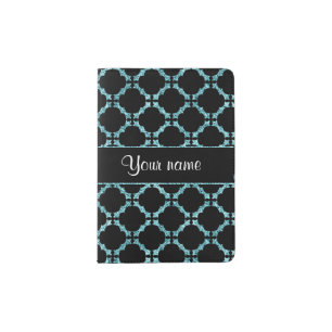 Blue Ice Quatrefoil on Black Background Passport Holder