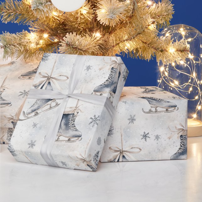 Blue Ice Skates Snowflakes Christmas Wrapping Paper (Holidays)