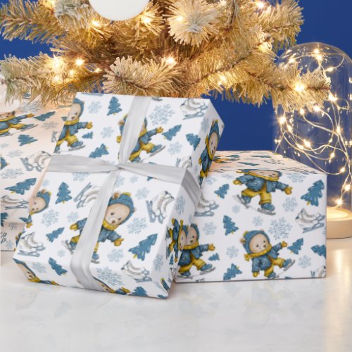 Blue Ice Skating Bear Wrapping Paper