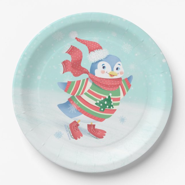 Blue Ice Skating Penguin Paper Plates (Front)