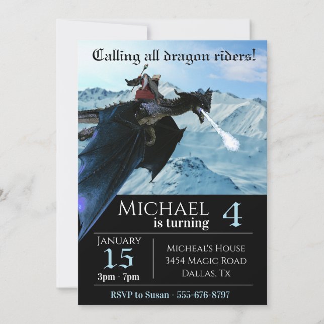 Blue Ice Snow Dragon Rider Wizard  Birthday Invitation (Front)