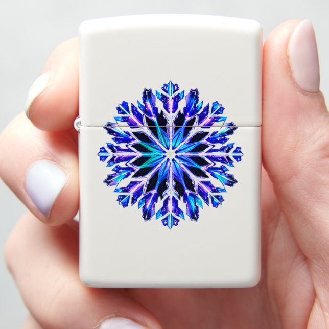 Blue Ice Snowflake on White Matte  Zippo Lighter (In Hand)