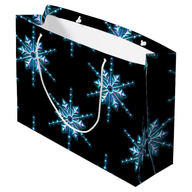 Blue Ice Snowflakes on Black Christmas Large Gift Bag (Back Angled)