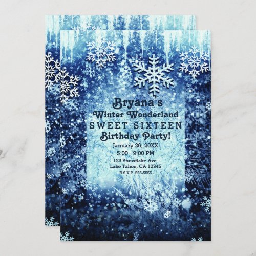 Blue Icy Snowy Winter Wonderland Sweet 16 Party Invitation