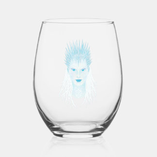 Blue icy winter queen with icicle crown stemless wine glass