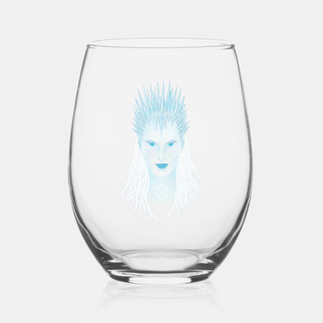Blue icy winter queen with icicle crown stemless wine glass (Front)