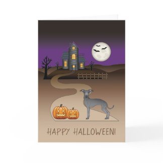 Blue Iggy Cute Dog And Halloween Haunted House Card