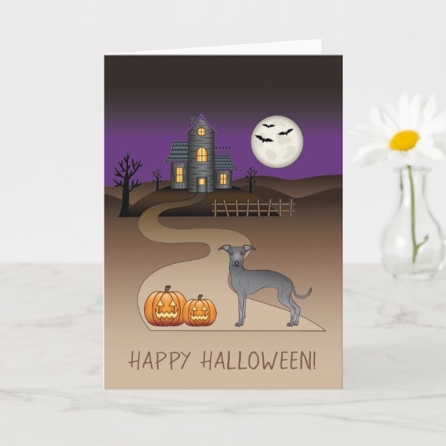 Blue Iggy Cute Dog And Halloween Haunted House Card (Small Plant)