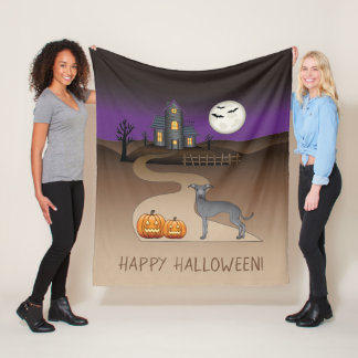 Blue Iggy Cute Dog And Halloween Haunted House Fleece Blanket