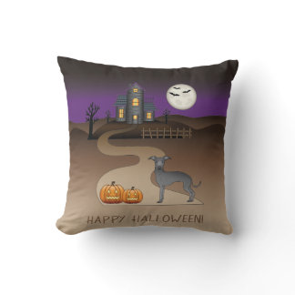 Blue Iggy Cute Dog And Halloween Haunted House Throw Pillow