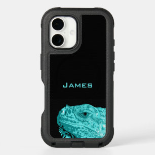 Blue Iguana Lizard Head with Name Minimalist Style iPhone 16 Case