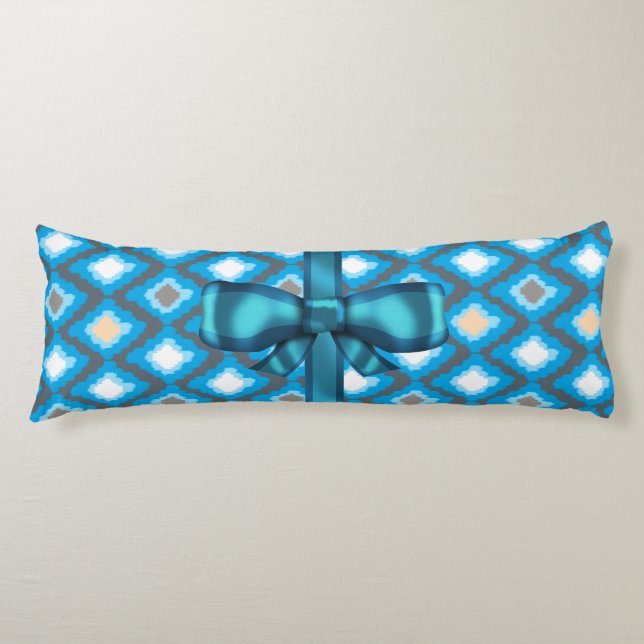 Blue Ikat Diamonds Pattern and Blue Bow Custom Body Pillow (Front)