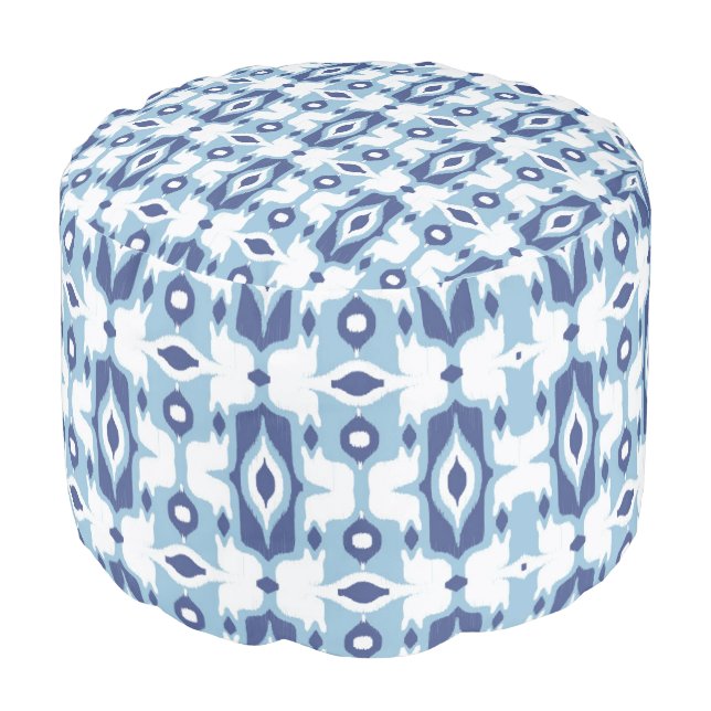Blue Ikat Pattern Round Pouf (Angled Front)