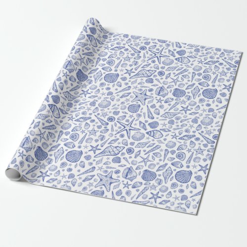 Blue Illustrated Seashell Ocean Wrapping Paper