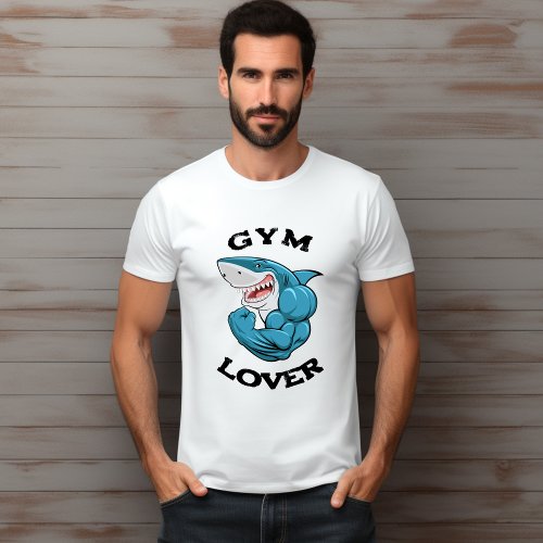 Blue Illustrated Shark Gym Lover T_Shirt