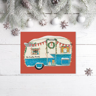 Blue Illustrated Vintage Trailer  Holiday Postcard