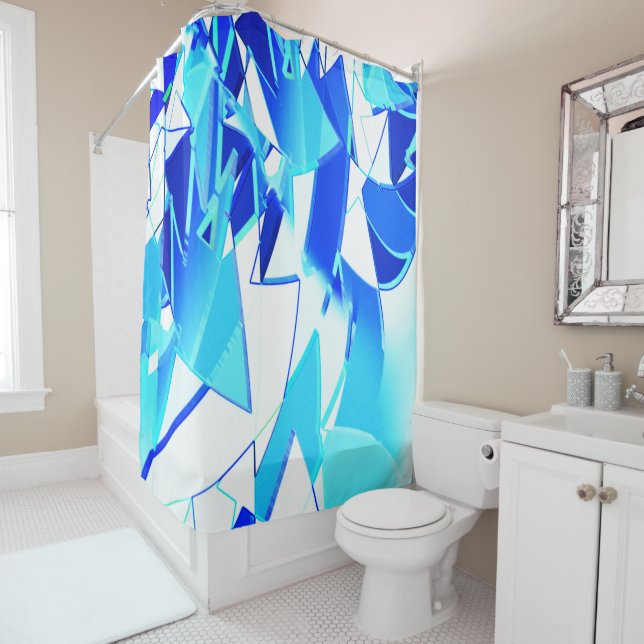 Blue image clippings twisted irregularly shower curtain (In Situ)