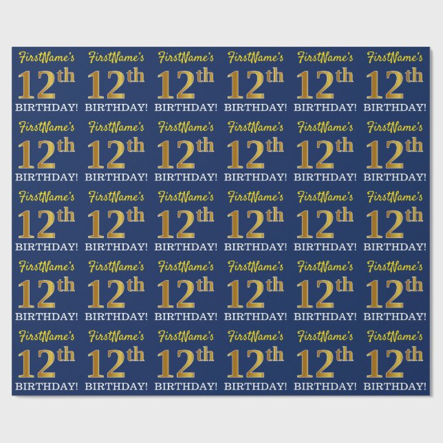 Blue, Imitation Gold Look "12th BIRTHDAY" Wrapping Paper (Flat)