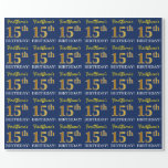 [ Thumbnail: Blue, Imitation Gold Look "15th Birthday" Wrapping Paper ]
