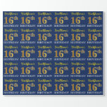 [ Thumbnail: Blue, Imitation Gold Look "16th Birthday" Wrapping Paper ]