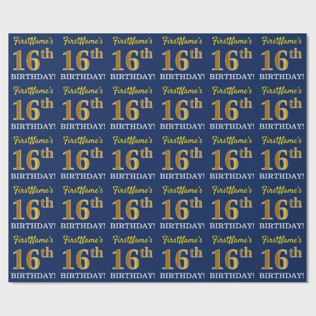 Blue, Imitation Gold Look "16th BIRTHDAY" Wrapping Paper (Flat)