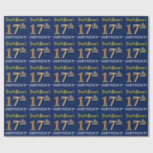 Blue, Imitation Gold Look "17th BIRTHDAY" Wrapping Paper