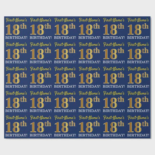 Blue, Imitation Gold Look "18th BIRTHDAY" Wrapping Paper (Flat)