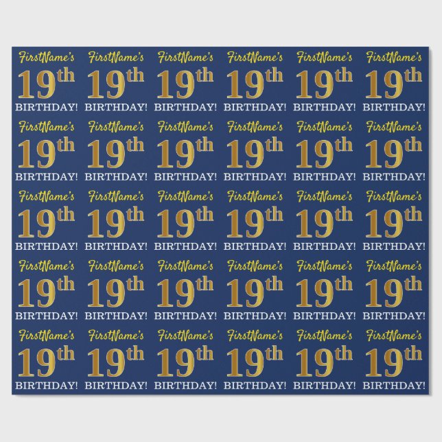Blue, Imitation Gold Look "19th BIRTHDAY" Wrapping Paper (Flat)