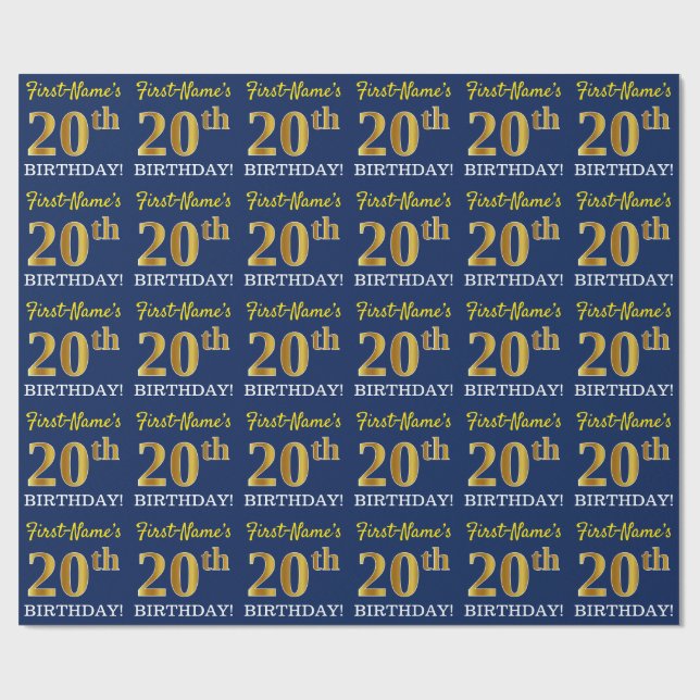 Blue, Imitation Gold Look "20th BIRTHDAY" Wrapping Paper (Flat)