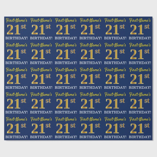 Blue, Imitation Gold Look "21st BIRTHDAY" Wrapping Paper (Flat)