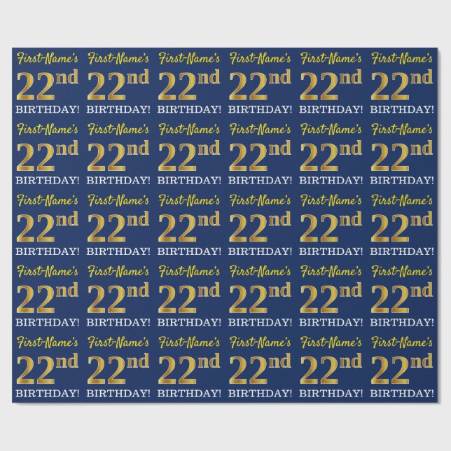Blue, Imitation Gold Look "22nd BIRTHDAY" Wrapping Paper (Flat)
