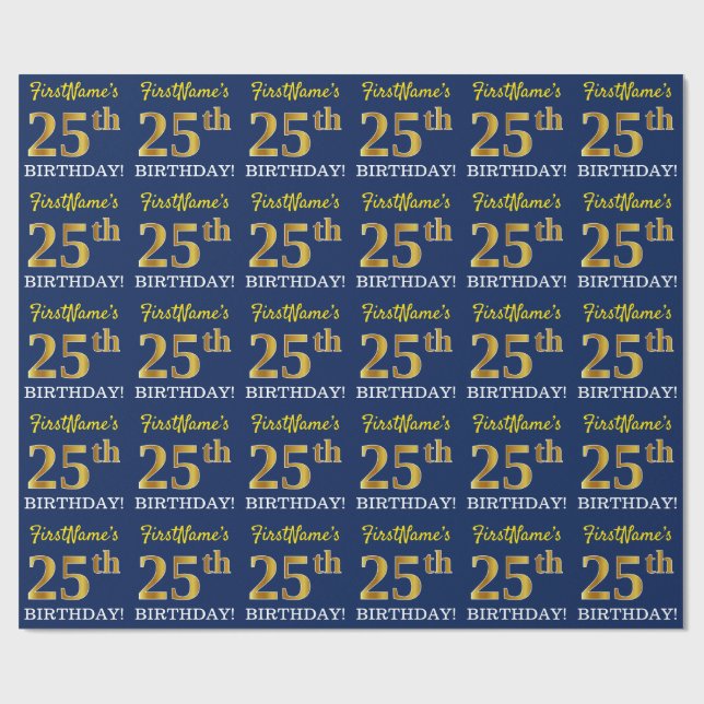 Blue, Imitation Gold Look "25th BIRTHDAY" Wrapping Paper (Flat)