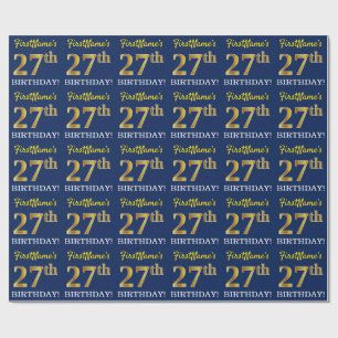 Blue, Imitation Gold Look "27th BIRTHDAY" Wrapping Paper
