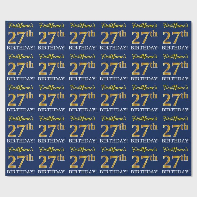 Blue, Imitation Gold Look "27th BIRTHDAY" Wrapping Paper (Flat)