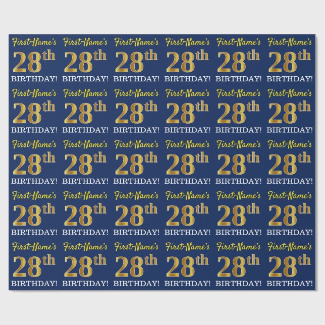Blue, Imitation Gold Look "28th BIRTHDAY" Wrapping Paper (Flat)