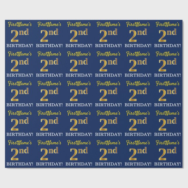 Blue, Imitation Gold Look "2nd BIRTHDAY" Wrapping Paper (Flat)