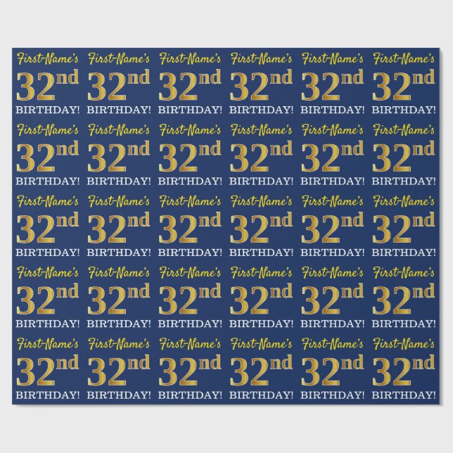 Blue, Imitation Gold Look "32nd BIRTHDAY" Wrapping Paper (Flat)